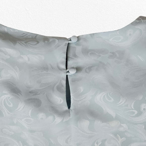 80s Vintage Light Blue Satin Floral Jacquard Lace Tunic Blouse Skirt Set Size 8 - Picture 4 of 14